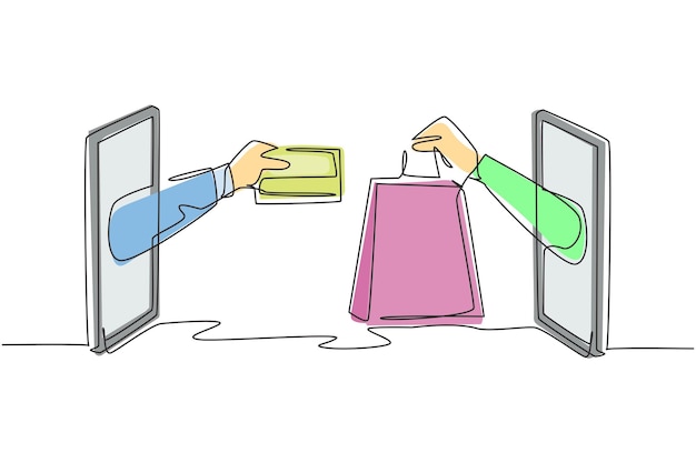 Una sola línea dibujando dos manos fuera de la pantalla del teléfono inteligente para intercambiar bolsas de compras vector de diseño
