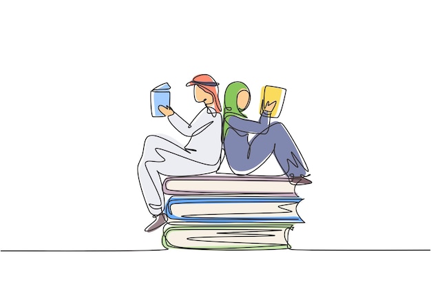 Una sola línea dibujando estudiantes árabes mujer y hombre leyendo aprendiendo y sentados en grandes libros