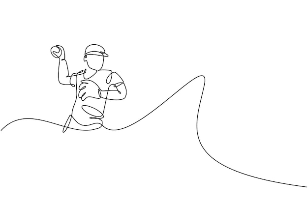 Una sola línea dibujando hombre enérgico lanzador de béisbol tren para lanzar la pelota vector diseño deportivo