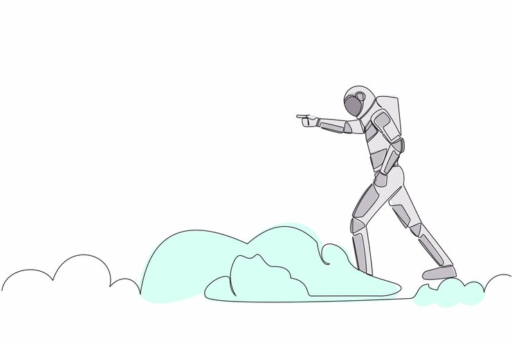 Vector una sola línea dibujando a un joven astronauta montando una nube en el cielo apuntando hacia la innovación futura