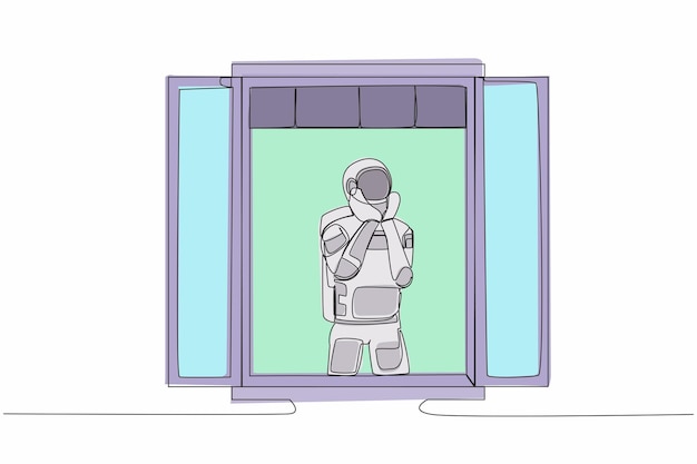Una sola línea dibujando joven astronauta tristemente con apoyo la barbilla cerca de la ventana impacto pandémico