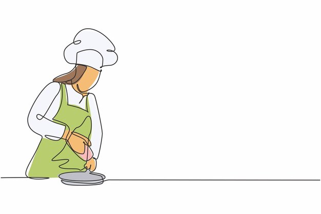 Una sola línea dibujando a una joven cocinera con sal y pimienta en una ilustración de vector de filete de ternera
