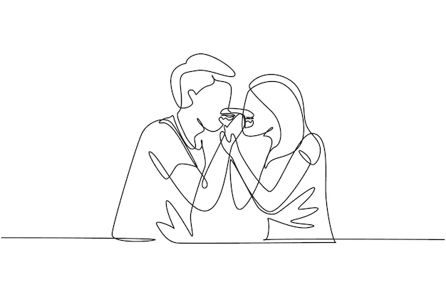 Vector una sola línea dibujando una joven y hermosa pareja compartiendo una hamburguesa celebrando disfrutando de un almuerzo romántico