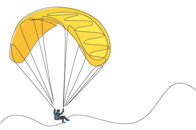 Una sola línea dibujando a un joven volando con parapente en paracaídas en el cielo vector deporte extremo