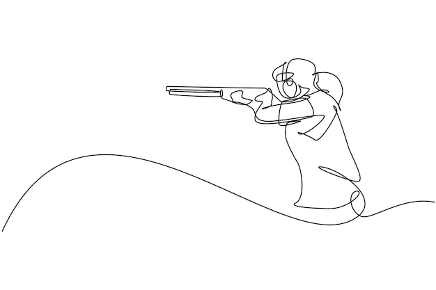 Una sola línea dibujando a una mujer joven practicando disparar a un objetivo a distancia en una ilustración vectorial de disparo