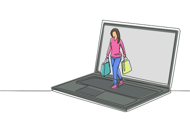 Una sola línea dibujando a una mujer joven saliendo de la pantalla de un portátil sosteniendo bolsas de compras vector de diseño