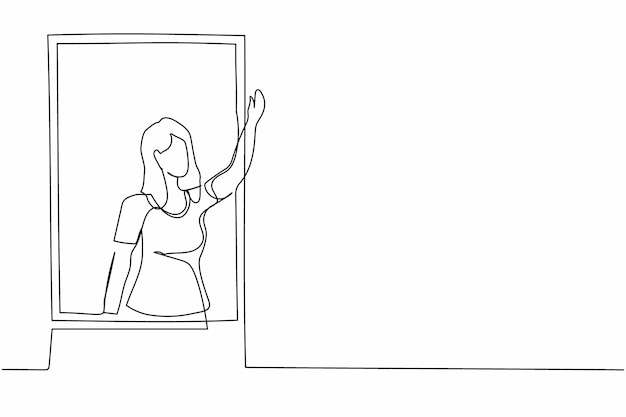 Una sola línea dibujando a una mujer joven saludando en la ventana como para saludar o invitar a la gente a entrar