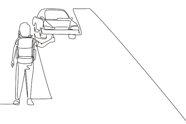 Una sola línea dibujando a una mujer con una mochila viajando por una parada automática. Vector de la carretera con el pulgar hacia arriba.