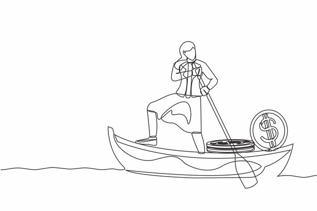 Una sola línea dibujando a una mujer de negocios navegando en un barco con una pila de libros de diseño vectorial