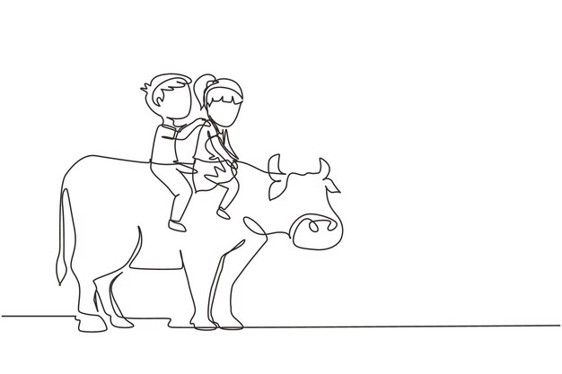 Una sola línea dibujando un niño y una niña felices montando una vaca juntos Niños sentados en la espalda de una vaca con silla de montar en un rancho Niños aprendiendo a montar una vaca Dibujo de líneas continuas diseño gráfico vectorial