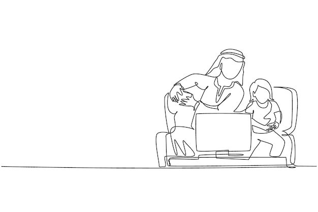 Una sola línea dibujando a un padre islámico jugando con su hija mientras se sienta en el sofá ilustración vectorial
