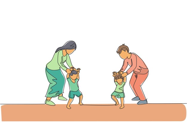 Una sola línea dibujando a padres jóvenes enseñando a sus hijos gemelos a caminar en casa ilustración vectorial