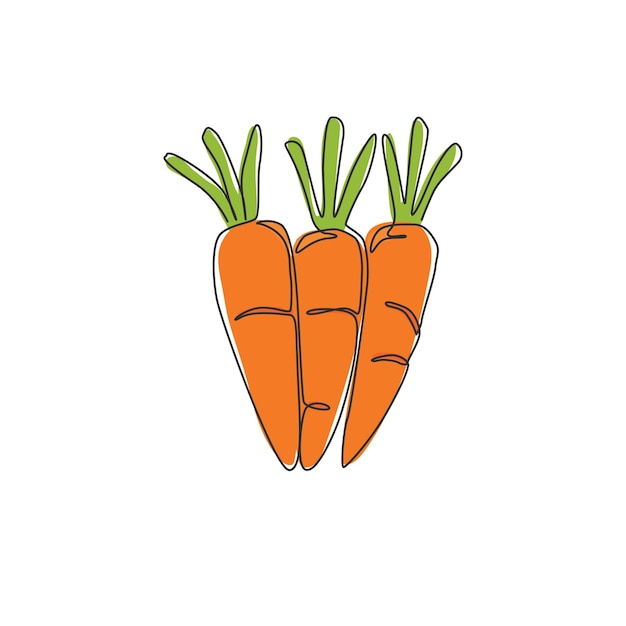 Una sola línea dibujando una pila de zanahorias orgánicas saludables para el logotipo de la granja Vector de icono de verduras de raíz frescas