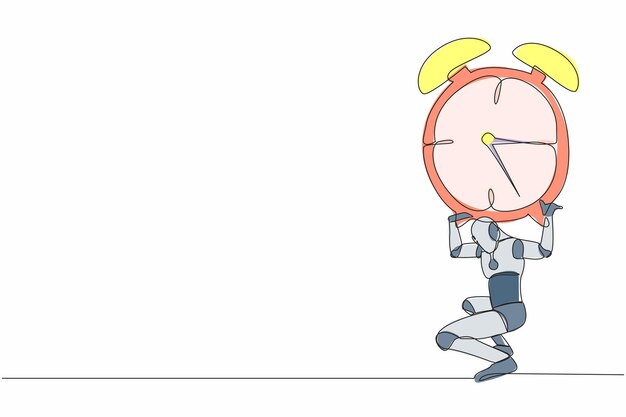 Una sola línea dibujando un robot cansado llevando un pesado despertador en la espalda presión de trabajo
