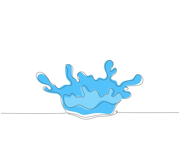 Una sola línea dibujando salpicaduras de agua azul y gotas aisladas sobre fondo blanco en forma de corona Aqua.