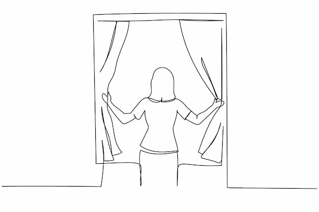 Una sola línea dibujando la vista trasera de una mujer joven de pie y abriendo las cortinas de la ventana vector de diseño