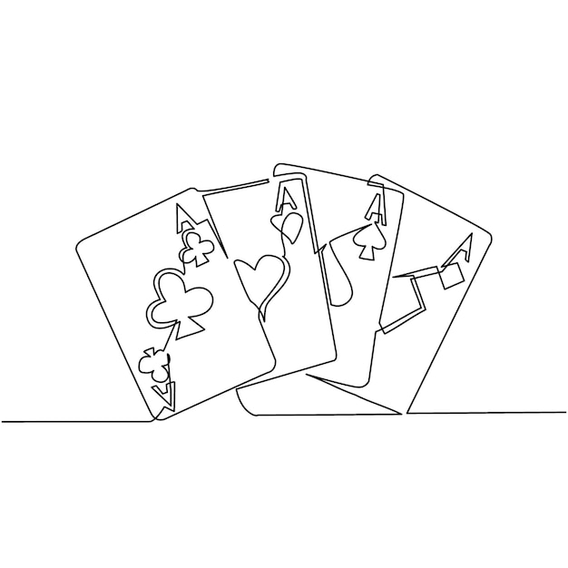 Una sola línea de dibujo conjunto de cuatro ases cartas de juego trajes mano ganadora de póquer conjunto de corazones