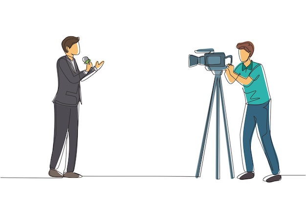 Una sola línea de dibujo corresponsal o reportero y operador reportero de noticias realizando vector.