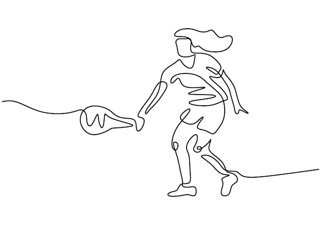 Una sola línea de dibujo joven mujer enérgica tenis sosteniendo la raqueta y lista para golpear la pelota aislada sobre fondo blanco concepto de entrenamiento deportivo con estilo minimalista ilustración de dibujo vectorial