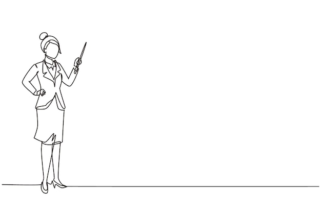 Una sola línea de dibujo de la maestra entrenadora que lleva un blazer que indica el palo apuntante en la mano.