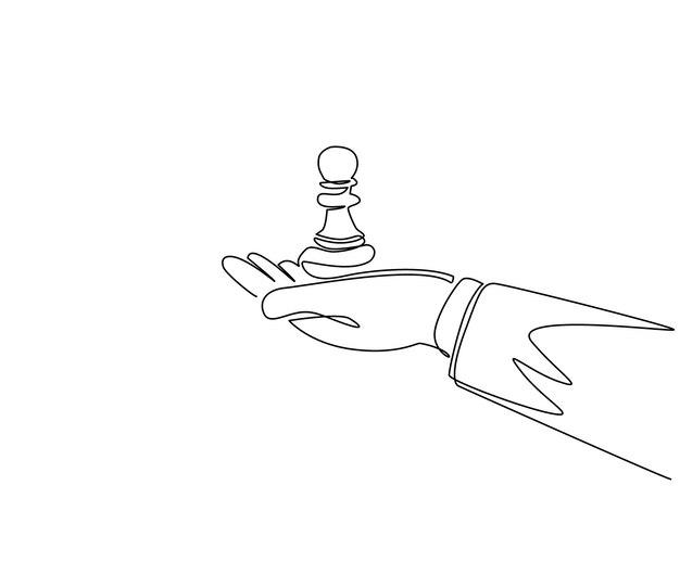 Una sola línea de dibujo con la mano sosteniendo una figura de ajedrez de peón Vector de diseño de gestión de estrategia de negocios