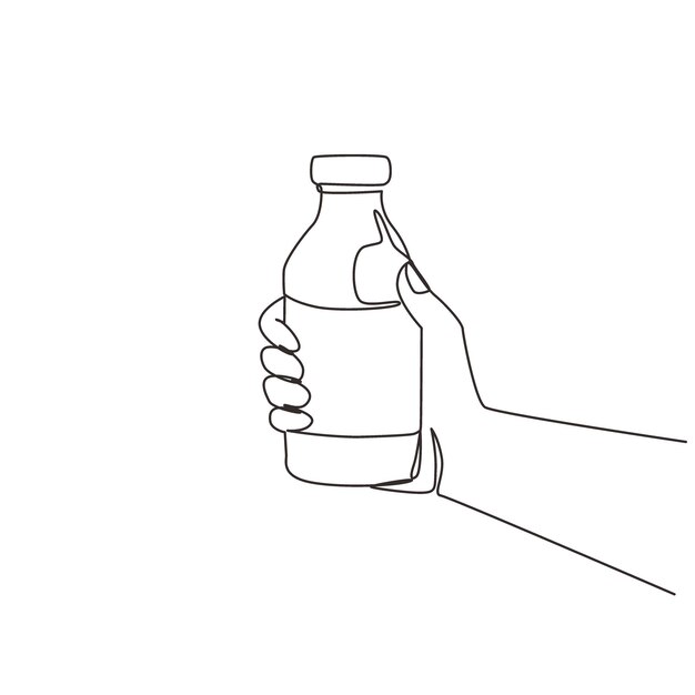 Una sola línea de dibujo de la mano sosteniendo leche fresca en el embalaje de botella de vidrio vector de bebidas saludables.