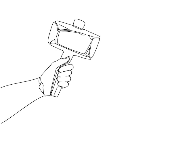 Una sola línea de dibujo con la mano sosteniendo un martillo de piedra Arma o herramienta de trabajo prehistórica antigua