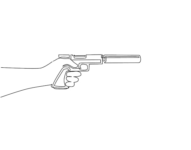 Vector una sola línea de dibujo de mano sosteniendo una pistola con silenciador pistola de gángster de la mafia con silenciador