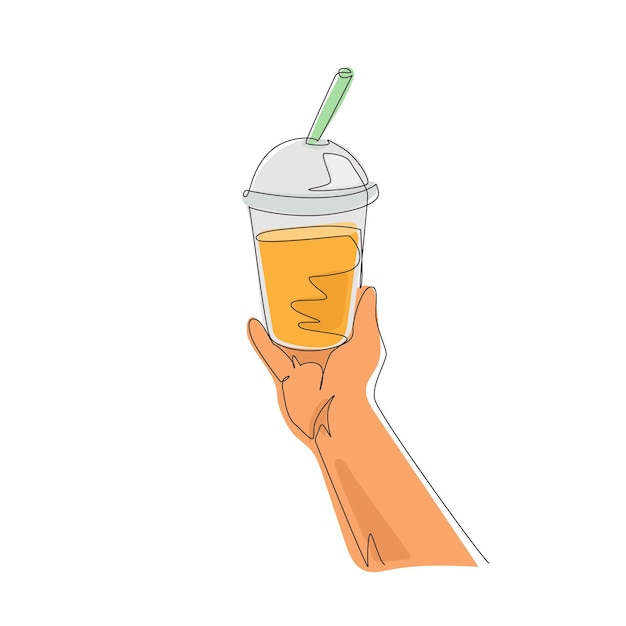 Una sola línea de dibujo con la mano sosteniendo una taza de plástico del famoso té de burbujas taiwanés.