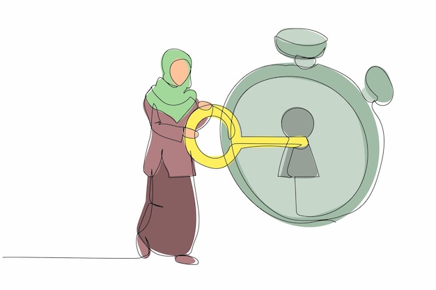 Vector una sola línea de dibujo mujer de negocios árabe puso la llave en un cronómetro hora para el negocio de plazo