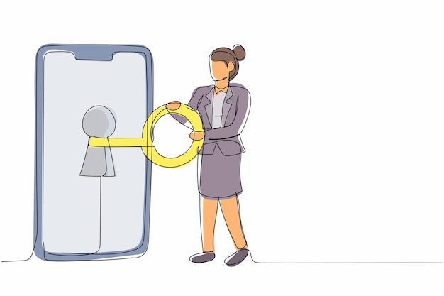 Vector una sola línea de dibujo mujer de negocios puso la llave en el teléfono inteligente desbloquear el vector de diseño de protección de pantalla