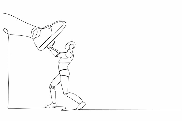 Una sola línea de dibujo robot contra zapatos gigantes pisando robot empujar contra un paso de pie gigante