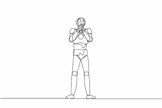 Una sola línea de dibujo robot cubriendo la boca con la mano conmocionado por la vergüenza por el vector de diseño error