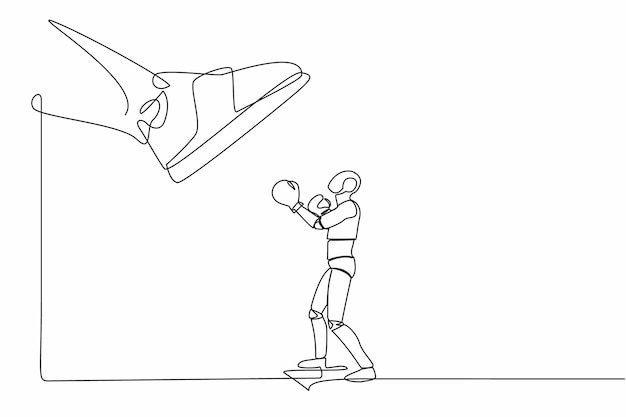 Una sola línea de dibujo robot golpeando uppercut bajo gran pie estampado robot contra autoritario