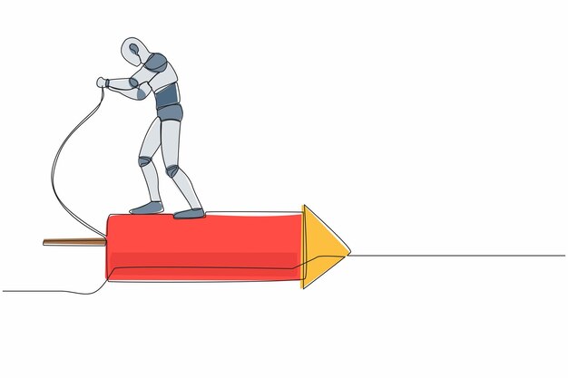 Una sola línea de dibujo robot de pie en el cohete de fuegos artificiales y encenderlo para impulsar el vector de la máquina