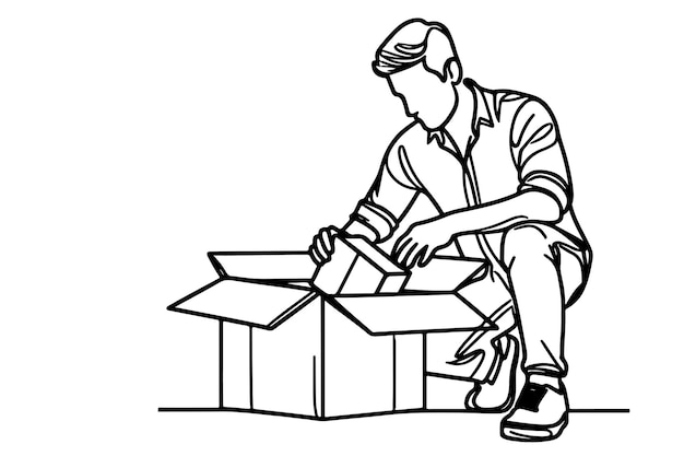 una sola línea negra continua dibujando a un hombre sosteniendo una caja o presente y abriendo un vector de caja