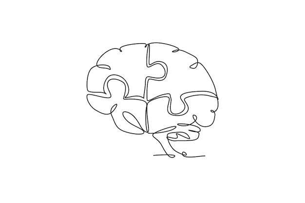 Una sola línea que dibuja el cerebro humano formándose a partir de piezas de rompecabezas logo Icono de oficina psicológica