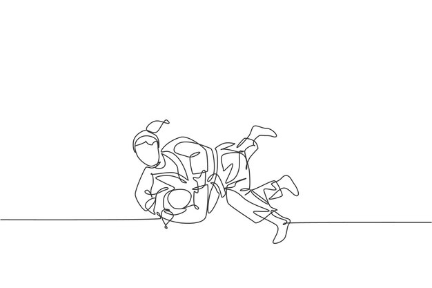Una sola línea que dibuja a dos jóvenes luchadoras de judokas luchando en el gimnasio, vector, arte marcial, deporte