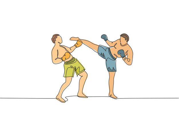 Una sola línea que dibuja un enérgico hombre kickboxer peleando con su compañero en el vector de arena de boxeo