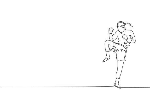 Una sola línea que dibuja a un enérgico luchador de muay thai haciendo ejercicio en la ilustración de vector del centro de gimnasio