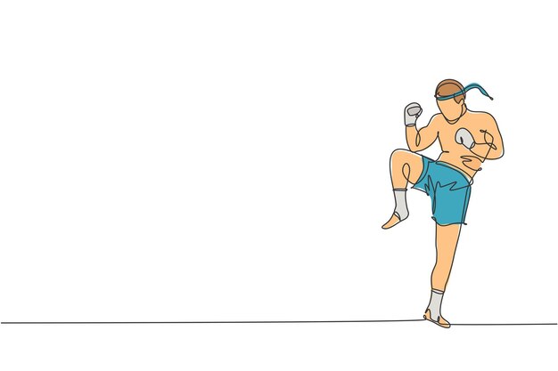 Una sola línea que dibuja a un enérgico luchador de muay thai haciendo ejercicio en la ilustración de vector del centro de gimnasio