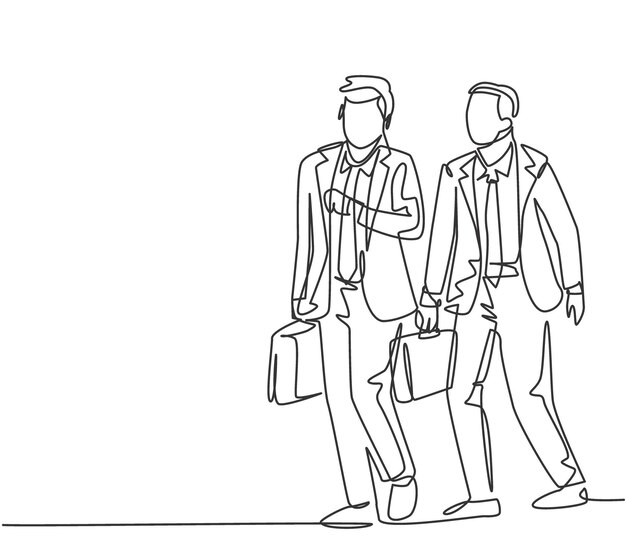 Una sola línea que dibuja a gerentes masculinos y femeninos discutiendo el plan estratégico para el vector de crecimiento de la empresa