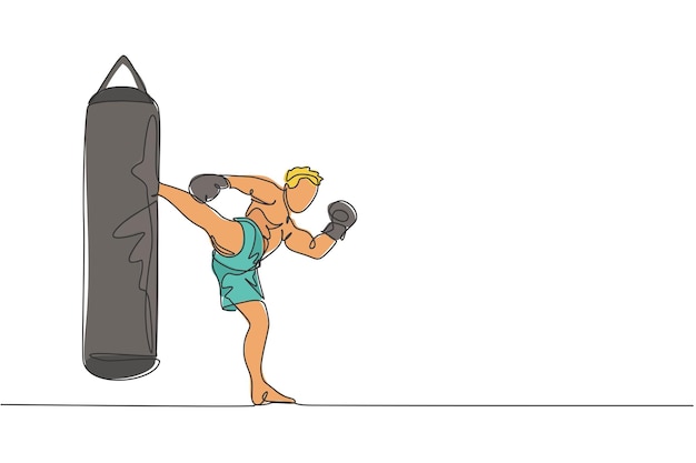 Una sola línea que dibuja a un hombre enérgico kickboxer pateando alto con un saco de boxeo en un vector de arena de boxeo