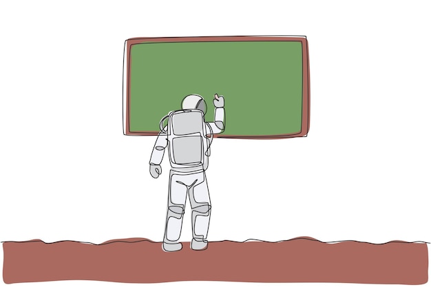 Una sola línea que dibuja a un joven astronauta escribiendo en una pizarra para enseñar a algunos estudiantes en el vector lunar