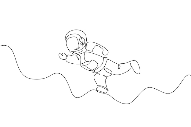 Una sola línea que dibuja a un joven astronauta en traje espacial volando en el espacio exterior, una aventura vectorial galáctica
