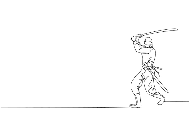 Una sola línea que dibuja a un joven y enérgico ninja japonés sosteniendo una espada samurai en un vector de pose de ataque