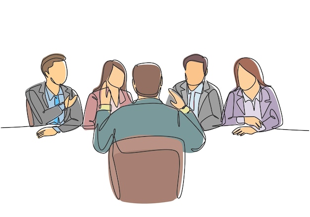 Una sola línea que dibuja a un joven entrevistado siendo entrevistado por algunos gerentes de empresa para un puesto vacante