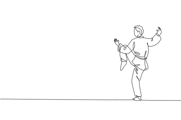 Una sola línea que dibuja a un joven con kimono wushu y técnica de equilibrio de postura de kung fu vectorial