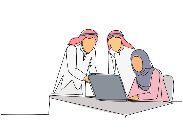 Una sola línea que dibuja a jóvenes trabajadores musulmanes discutiendo una estrategia de marketing de ventas. Arabia Cloth Shmag