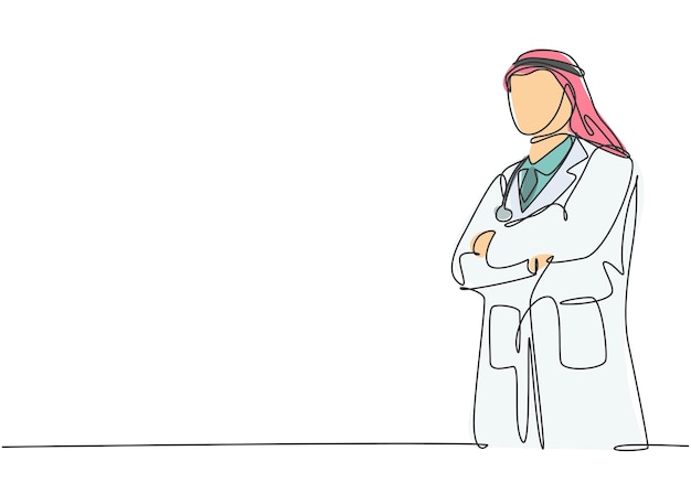 Una sola línea que dibuja a un médico árabe musulmán de pie y con las manos cruzadas frente a su pecho.